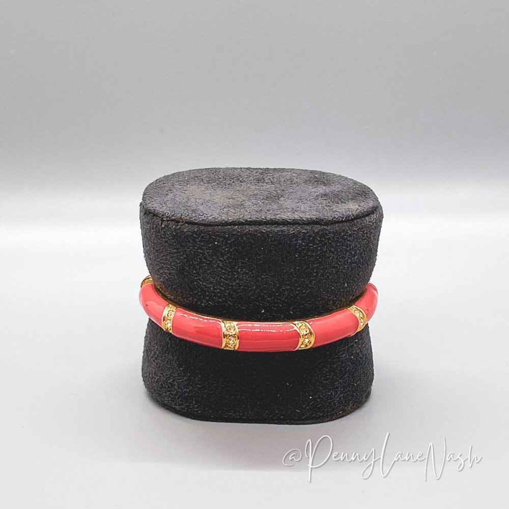Vintage Pink With Gold Stripes Enamel Bangle Bracelet - Picture 1 of 5